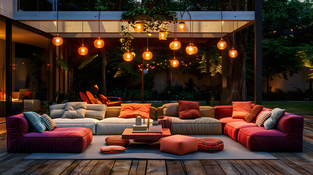 contemporary outdoor seating arrangement featuring modular sofas, a stylish area rug, and hanging string lights 