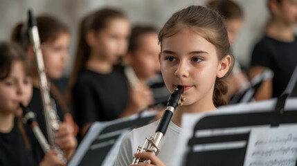 Fototapeta premium Inspiring Students Practicing Music in Band Class for Harmonious Education and Lifelong Learning Embracing Creativity, Teamwork, and Musical Excellence in Academic Environments