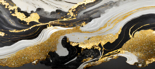 Create an abstract digital texture incorporating white, gold, and black marbling. Generative AI.