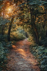 Fototapeta premium Sunlit Pathway Through Lush Forest