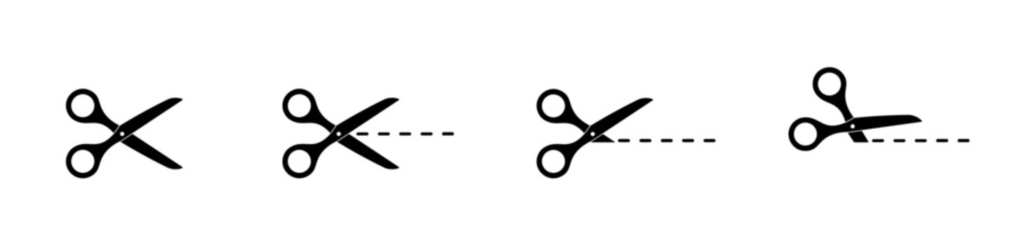Scissors with line of cut icon set. Sewing, tailor and cutoff symbol. Vector illustration