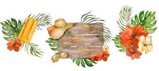 Summer Succulent Set of Tropical Leaves, Hibiscus Flowers, Sunglasses, Ice Cream, Pineapple,Wreath . Frame, Composition. Beach Rest. For Summer Accessories, Textiles, Cards, Cosmetics