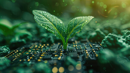 A small green plant is growing on top of a computer chip. Concept of growth and innovation, as the plant represents the natural world and the computer chip represents technology