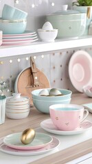 White ceramic dishes and kitchenware neatly arranged on white shelves with green plants