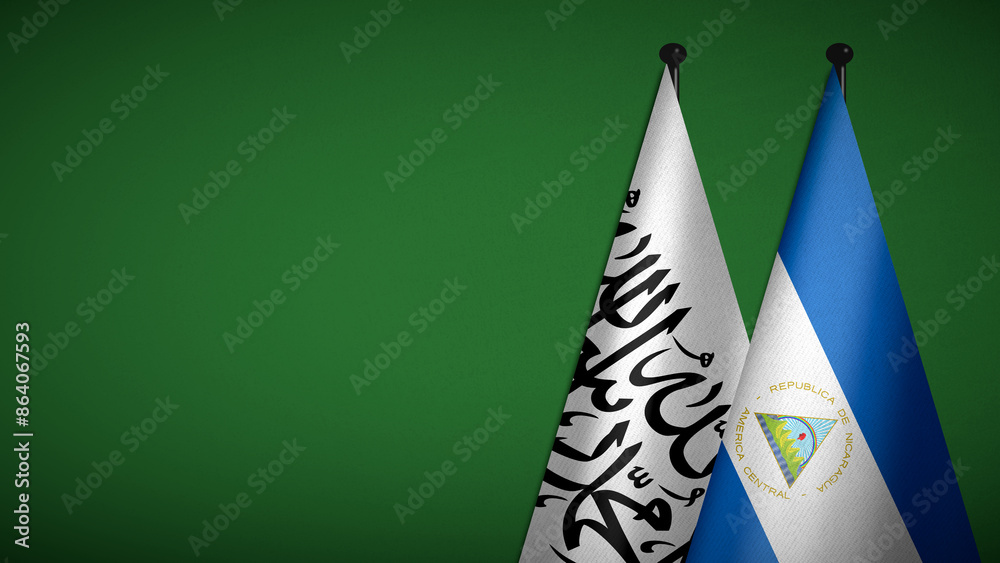 Wall mural 3d rendering of two flag from afghanistan and nicaragua on flagpoles with green background for diplo