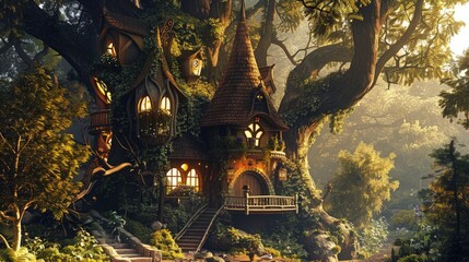 Fototapeta premium An enchanting, glowing treehouse built into a massive ancient tree provides a magical setting for fantasy storytelling or advertising.