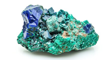 Close up of a specimen of natural stone from a geological collection unprocessed azurite and malachite minerals isolated on a white background