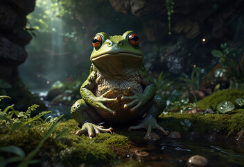 Mysterious green frog demon with bulging eyes on a leaf in a mystical lake