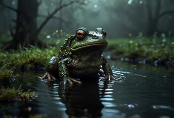 Obraz premium Mysterious green frog demon with bulging eyes on a leaf in a mystical lake