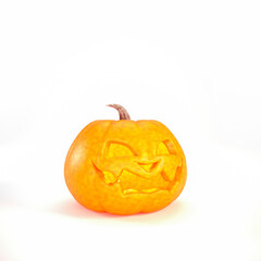 Jack o lantern isolated on white background for halloween concept. Smiling orange pumpkin backdrop idea, social media template design.