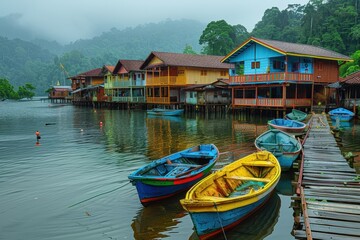 A quiet fishing village with colorful boats docked at a pier, and quaint houses in the background.