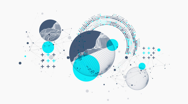 Sphere  theme with connected lines in technology style background. Wireframe illustration. Abstract 3d grid design. Hand drawn.