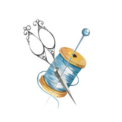 Composition of Sewing Scissors, Threads, Needles. Theme: Embroidery, Sewing, Handicrafts. Watercolor illustration. For Website, Blogs, Packaging, Home Textiles