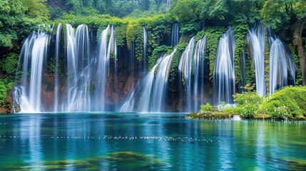 Multiple slender streams of water cascade down mossy cliffs into a clear turquoise pool surrounded by lush green jungle foliage.