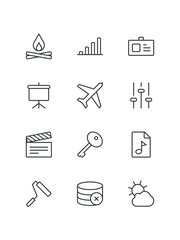 Badge, Bar chart, Bonfire, Boy, Browser plus, Cardiogram, Cloud cross, Cloudy, set of icons, vector illustration