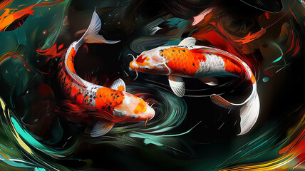 Koi fish swimming together like a picture of Yin and Yang.