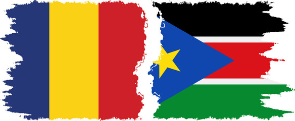 South Sudan and Romania grunge flags connection vector