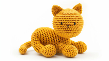 Yellow amigurumi cat toy stuffed with catnip, isolated on white background