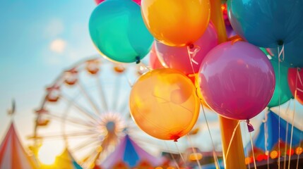 Colorful balloons floating in the foreground of a vibrant amusement park, capturing the joy and excitement of a carnival or fair.