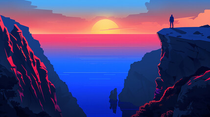 A zoomed out Illustration of the view from behind of Man Standing On Top Of A Mountain overlooking a deep blue sea at sunset,
