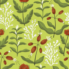 Seamless summer pattern with beautiful wild flowers on a green background. Summer pattern for women's fabrics. Flat vector illustration.