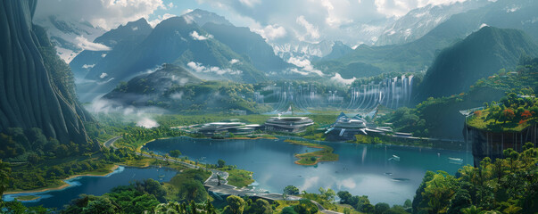 Futuristic landscape featuring a high-tech mountain village with sleek architecture and advanced transportation. The village is nestled in the mountains, surrounded by lush forests and pristine lakes.