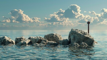 Large stones in the sea or ocean with a bollard on the coastline
