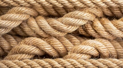 Fototapeta premium A close-up view of natural brown rope, displaying its intricate woven texture and natural fibers.