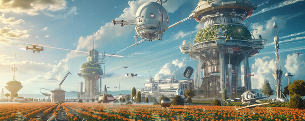 Futuristic landscape featuring a vast, advanced agricultural area with vertical farms and automated harvesting robots. The sky is filled with drones monitoring crop health, under a bright, sunny sky.