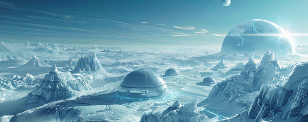 Futuristic landscape of a glacier-covered planet with heated pathways and domed shelters. Advanced climate control systems maintain a livable environment amid the icy expanse.