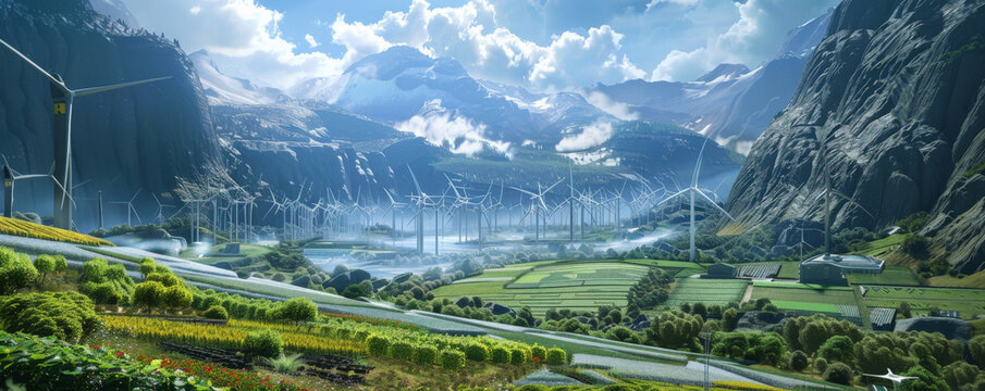 Futuristic landscape of a lush valley with advanced agricultural fields and automated drones tending to crops. The surrounding mountains are dotted with high-tech wind turbines.