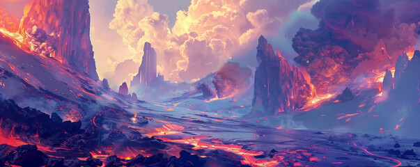 Futuristic landscape of a volcanic planet with lava rivers and towering basalt columns. Advanced cooling towers and robotic mining units extract resources from the harsh environment.