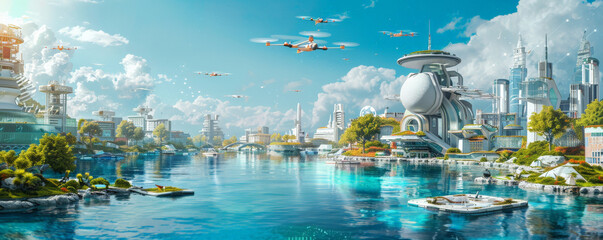 Futuristic landscape showing a utopian city with crystal-clear waterways, floating parks, and automated transit systems. The sky is filled with drones delivering goods, under a brilliant blue sky.