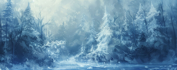 Ice background depicting a frozen forest, with trees covered in ice and snow. The colors include deep blues, whites, and subtle grays, creating a magical, wintery scene.