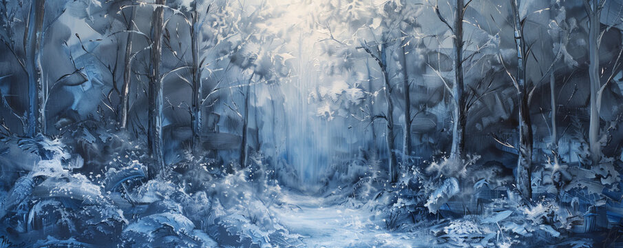 Ice background depicting a frozen forest, with trees covered in ice and snow. The colors include deep blues, whites, and subtle grays, creating a magical, wintery scene.