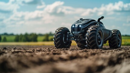 Obraz premium Futuristic autonomous tractor on plowed field. Modern agricultural technology, robotic farming vehicle, AI-driven machinery, rural farming background, advanced farming equipment.