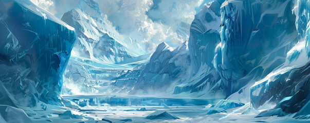 Ice background showcasing a glacier, with towering ice formations and deep crevasses. The palette includes icy blues, whites, and subtle hints of gray, emphasizing the rugged beauty of the frozen