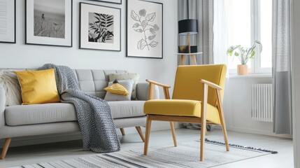 Fototapeta premium Bright yellow accent armchair sits beside a contemporary gray sofa decorated with pillows against a bright white wall showcasing modern framed art.