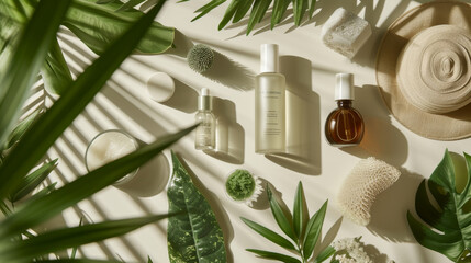 Natural cosmetic, skincare product for face and body care. Eucalyptus cosmetic, spa product at white table