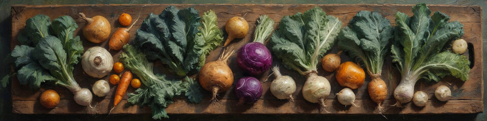 An arrangement of leafy greens and root vegetables on a textured wooden surface, painted in thick oil layers to capture their organic shapes and rich tones, Generative AI
