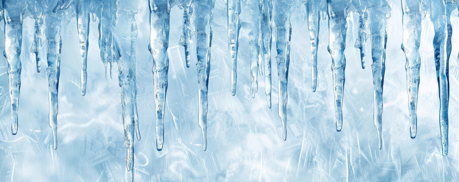 Ice background with icicles hanging down against a backdrop of frosty, crystalline ice. The icicles glisten with reflected light, and the blue-white colors emphasize the cold, wintery feel.