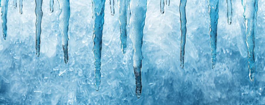 Ice background with icicles hanging down against a backdrop of frosty, crystalline ice. The icicles glisten with reflected light, and the blue-white colors emphasize the cold, wintery feel.
