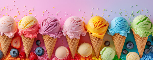 Ice cream background featuring a collage of different ice cream flavors and toppings in a vibrant and colorful arrangement. The bright and bold colors make the treats look even more enticing.