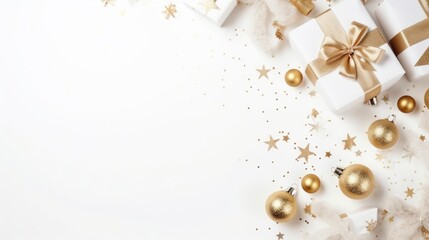 Christmas and New Year background. Gift boxes, golden balls and confetti on white background. Flat lay, top view, copy space.