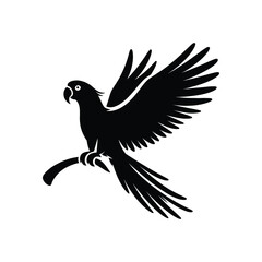 Fototapeta premium Flying Parrot Silhouette Vector Illustration: Tropical Bird in Flight Perched on Branch, Perfect for Wildlife and Nature Themed Designs, Exotic Bird Silhouette for Art and Crafts