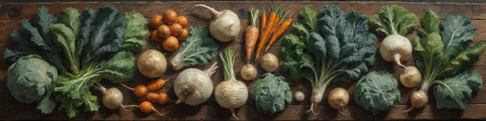 An arrangement of leafy greens and root vegetables on a textured wooden surface, painted in thick oil layers to capture their organic shapes and rich tones, Generative AI