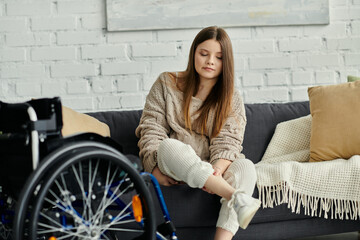 A young woman in a wheelchair sits on a couch in her home, with a peaceful expression.