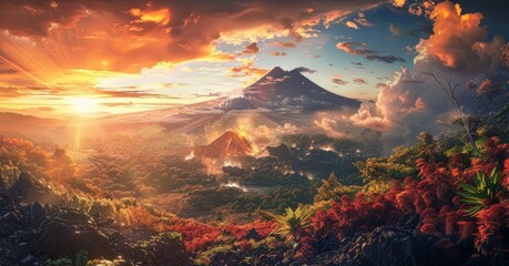 Fototapeta premium Cinematic landscape with sunset over volcano