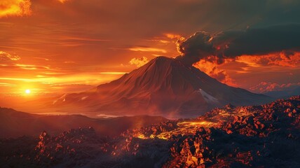 Fototapeta premium Cinematic landscape with sunset over volcano