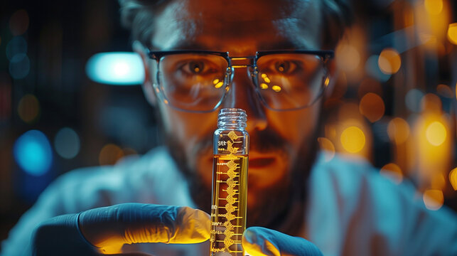Scientist holding vial with liquid conducting genetics research, featuring illustration of DNA structure. Focused scientific study highlighting advances in genetic engineering and molecular biology